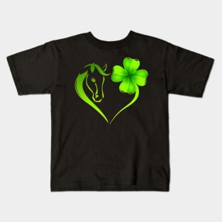 Irish Horse Heart Leaf St Patrick Day Clover Heart Horse Kids T-Shirt